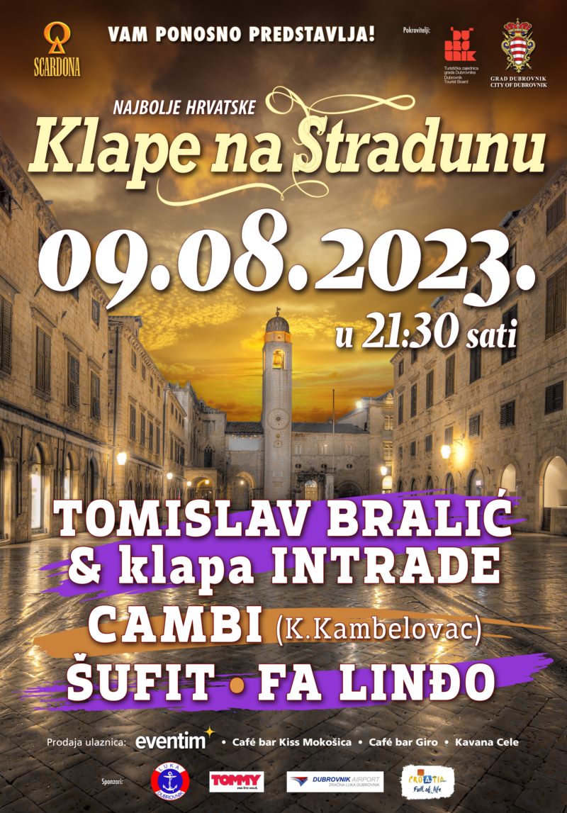 Poster for Klape na Stradunu concert in Dubrovnik, 9 August 2023 at 21:30, with Tomislav Bralić and klapa Intrade